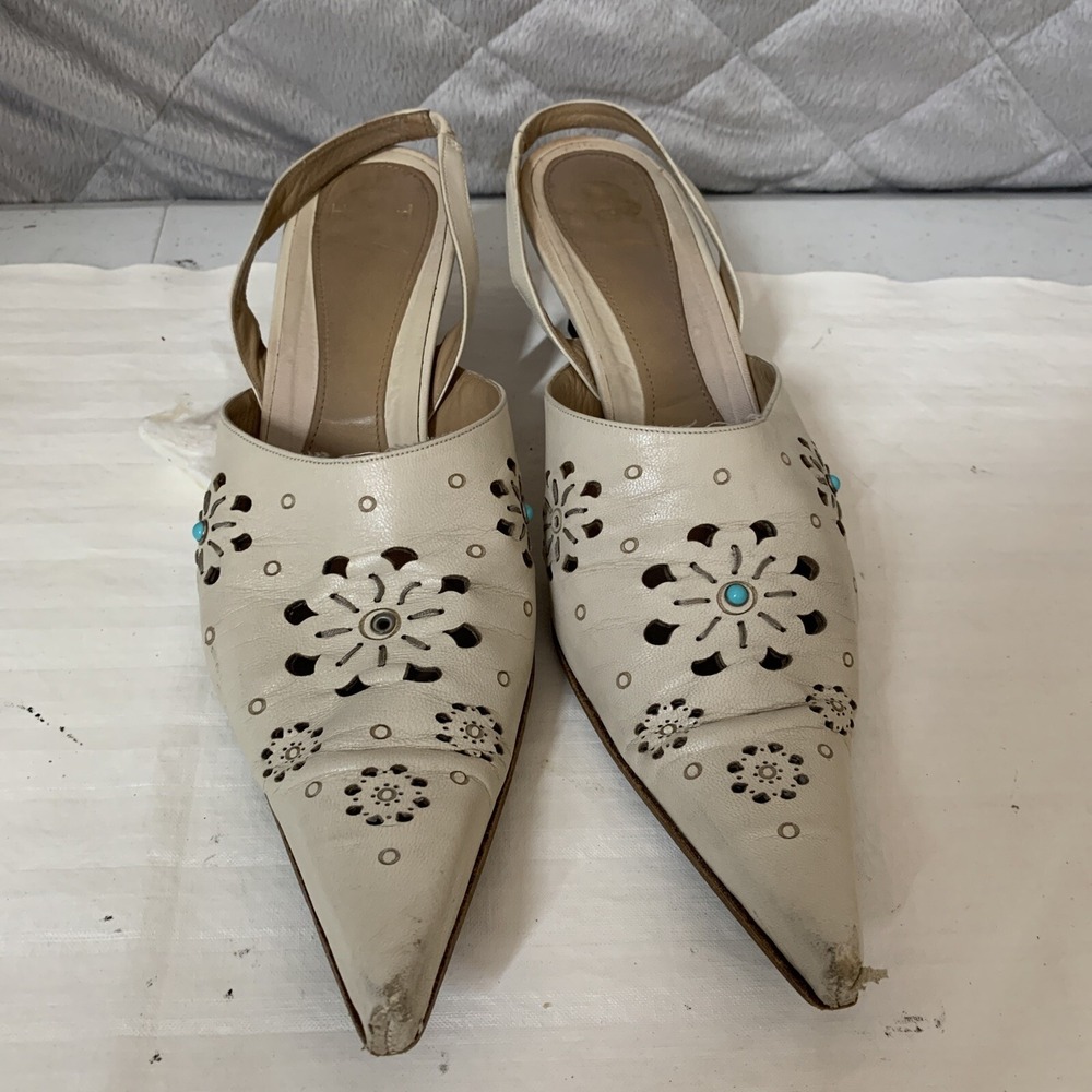 Heyraud Made In Italy White‎ Leather Pump  Turquoise Womens Shoes size 40